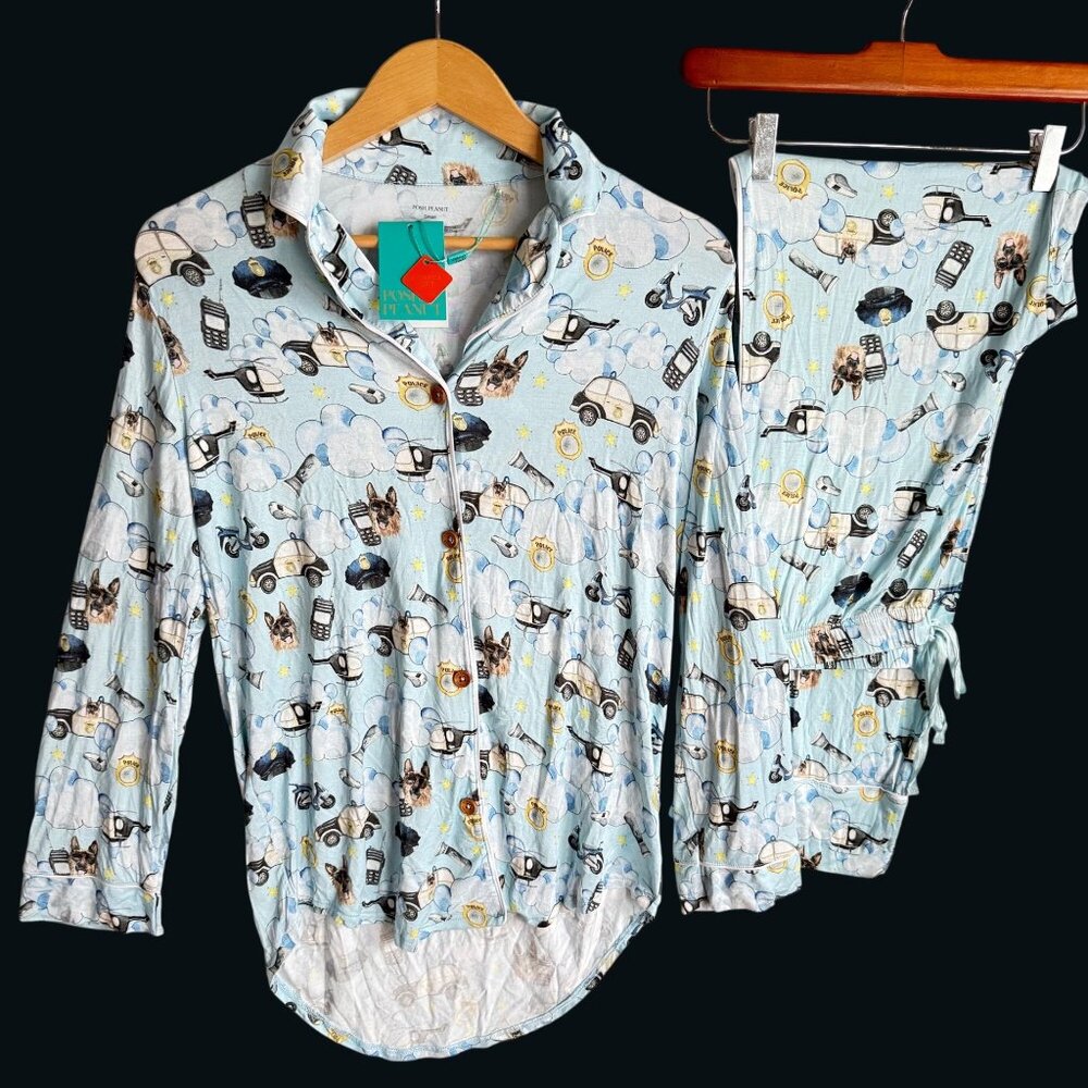size S womens Posh Peanut 2dpc Police-Theme Pajama Set l/s Top Pants Bamboo Adul